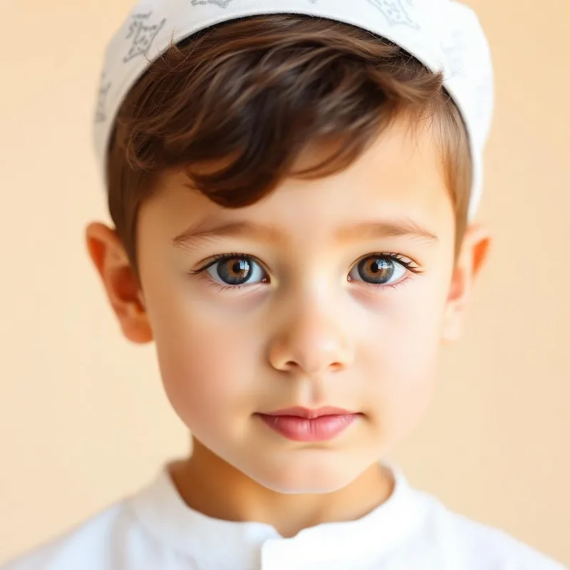 Sunnah Style Boys Cotton Kufi in white and black — Kids kufis (pre-teen kids' fit) — modelled by a 4–12 year old on Emaanly