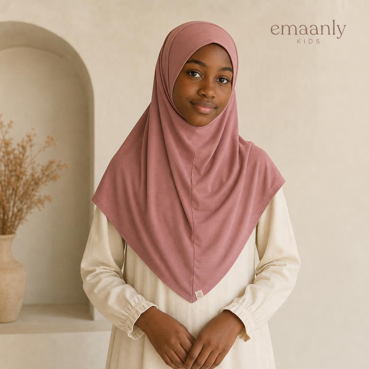 Aab Girls Cotton Hijab in white and navy — Kids hijabs & scarves (post-puberty teen fit) — modelled by a 14–15 year old on Emaanly