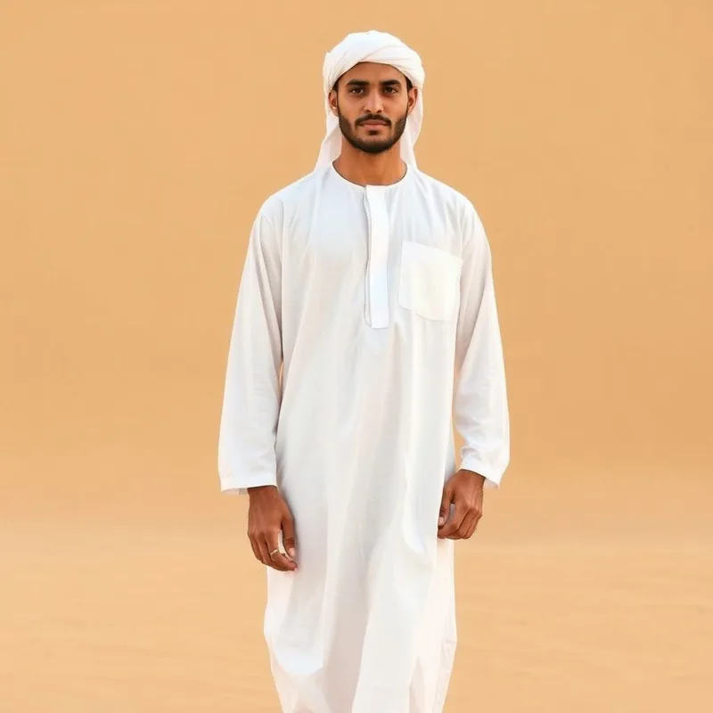 Al-Hattab Linen Summer Thobe in white and sand — Men thobes on Emaanly