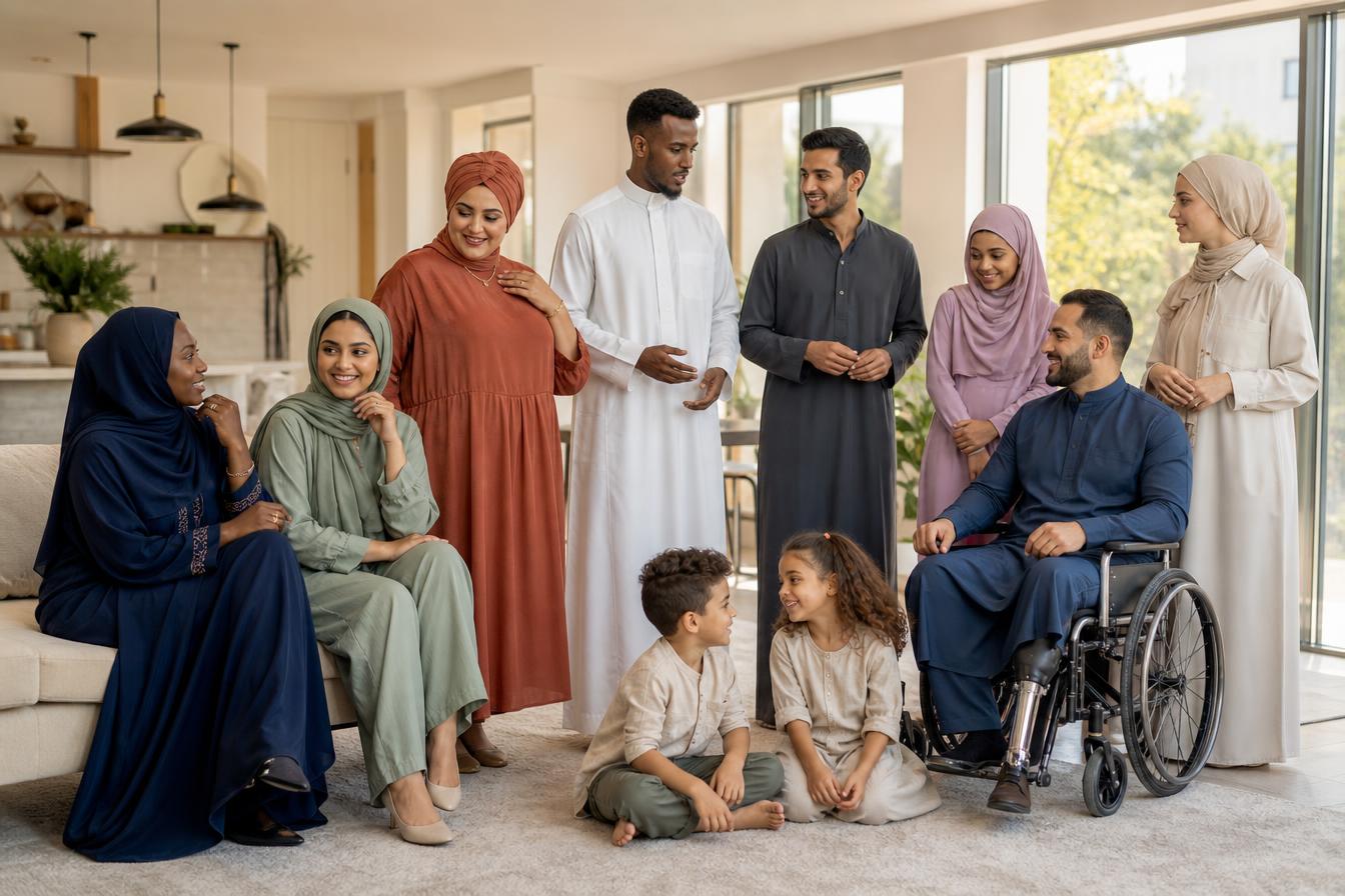 A diverse Muslim community — Black, South Asian, Arab, White and mixed-heritage women in varied hijab styles, men in thobes and jubbas, a wheelchair user with a prosthetic leg, a teen girl in hijab, and young children without hijab — with varied body types and relaxed, natural expressions in warm natural light.